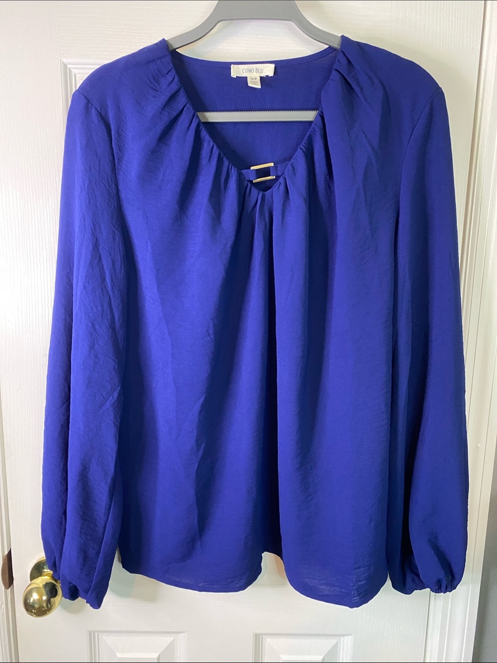 Long Sleeve Pleated V-Neck Top in Cobalt Blue Como Blu Size S/P